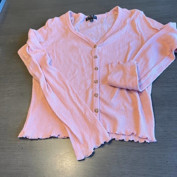 POOF New York Pink Ribbed Button-Up Cardigan Long Sleeve‎ Ruffle Trim Size L - Picture 1 of 8